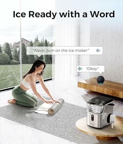 Woman using voice command for smart ice maker