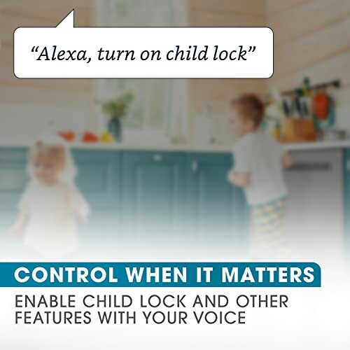 Two children in kitchen with text about Alexa voice command for child lock.