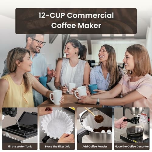 Group of people enjoying coffee with a 12-cup commercial coffee maker and instructions for use.