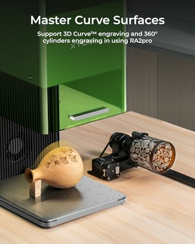 3D engraving machine with laser and engraved wooden object.