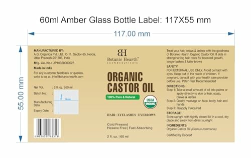 Organic Castor Oil label with dimensions and product details.