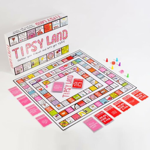 Tipsyland Drinking Board Game set up with players enjoying the game.