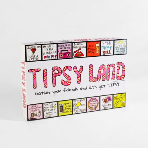 Players enjoying the Tipsyland Drinking Board Game with drinks and snacks.