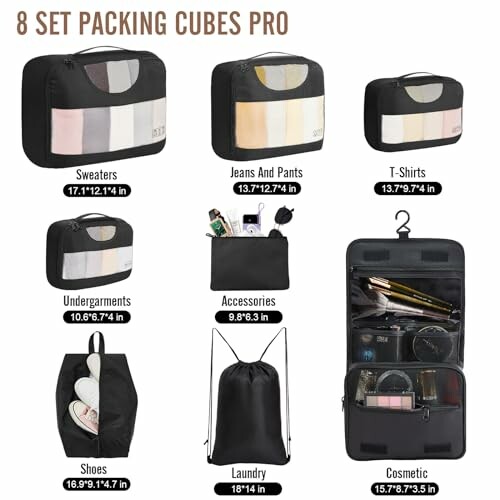 Set of 8 packing cubes including bags for sweaters, jeans, t-shirts, undergarments, shoes, accessories, laundry, and cosmetics.