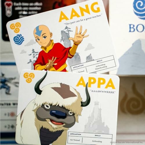 Character cards of Aang and Appa from an animated series.