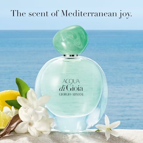 Acqua di Gioia perfume bottle by the sea with flowers and lemon