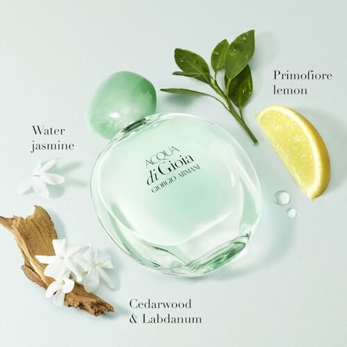 Acqua di Gioia perfume bottle with primofiore lemon, water jasmine, cedarwood, and labdanum.