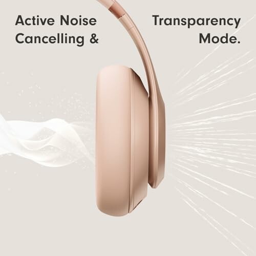 Side view of beige headphones with active noise cancelling and transparency mode features.