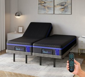 Adjustable bed with remote control in a modern bedroom setting.