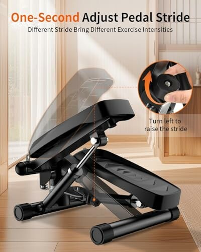 Adjustable pedal stride stepper with exercise intensity options.