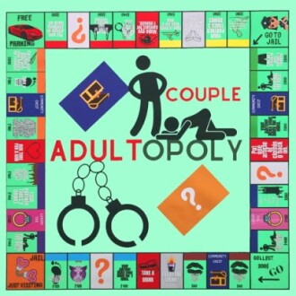 Adult-themed board game with colorful spaces and symbols.