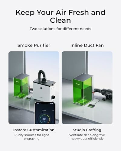 Comparison of smoke purifier and inline duct fan for air cleaning.