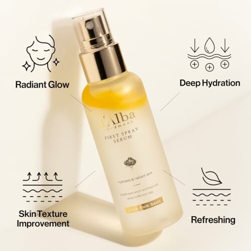 Alba First Spray Serum with benefits: radiant glow, deep hydration, skin texture improvement, refreshing.