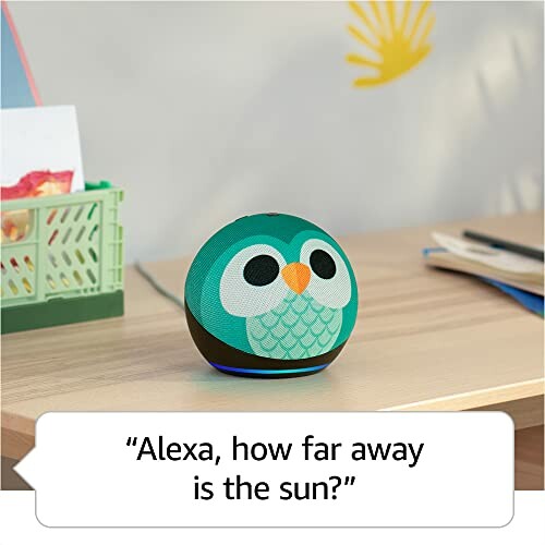 Echo Dot with owl design on a desk asking about sun distance.