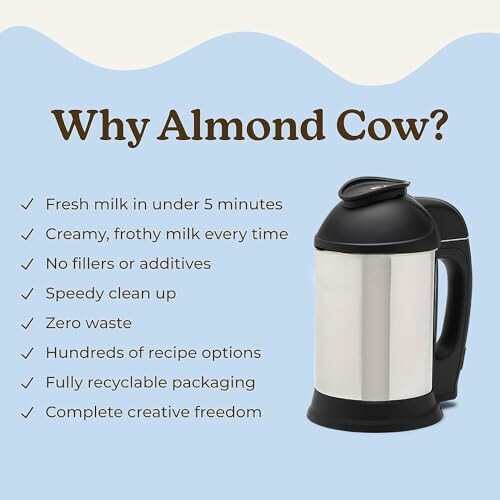 Almond Cow machine with a list of benefits including fresh milk in under 5 minutes and zero waste.