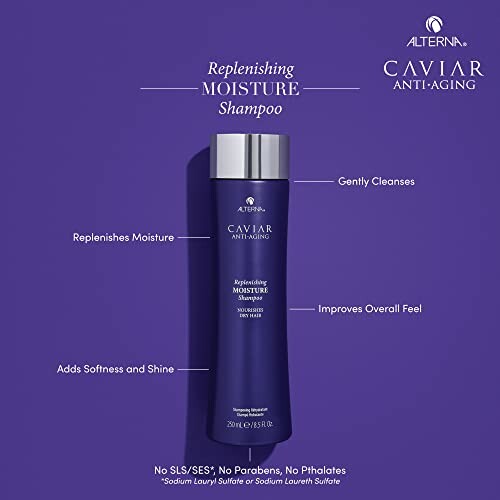 Alterna Caviar Replenishing Moisture Shampoo bottle on purple background with product benefits listed.