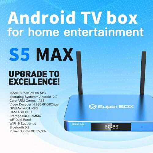 Android TV box SuperBox S5 Max with specifications.