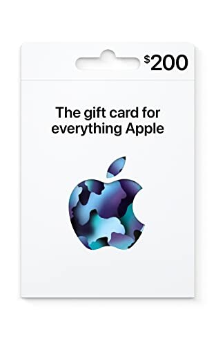 Apple gift card with $200 value featuring a colorful apple logo