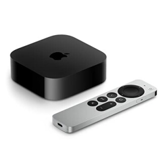 Apple TV 4K device with remote control.