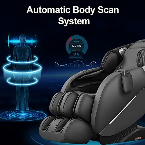 Automatic body scan system with massage chair and holographic human figure.