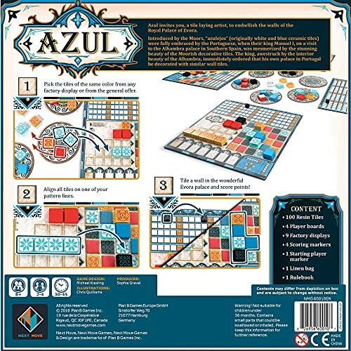 Back of Azul board game box showing game components and instructions.