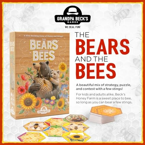 Board game box for 'The Bears and the Bees' with colorful hexagonal pieces.