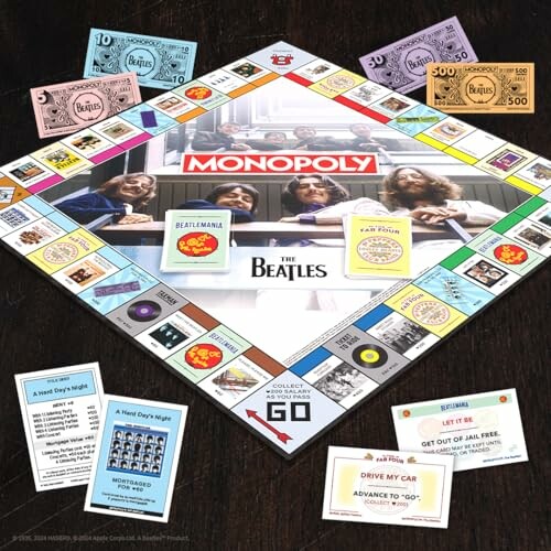 The Beatles themed Monopoly board game with customized cards and currency.