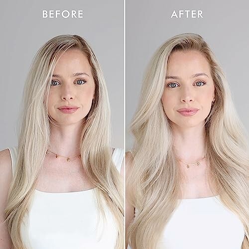 Before and after comparison of a woman's hair transformation.