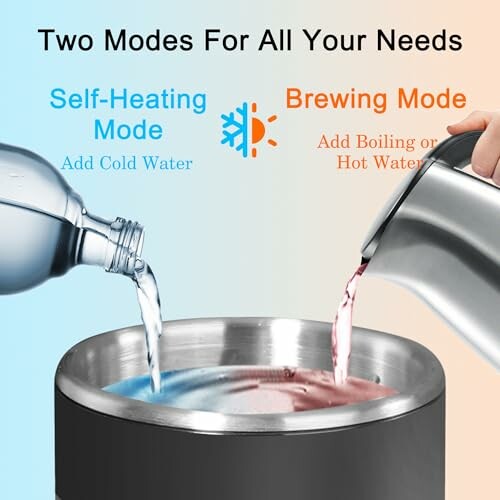 Beverage container with self-heating and brewing modes using cold or hot water.