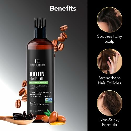 Biotin hair oil bottle with coffee beans and benefits listed: soothes itchy scalp, strengthens hair follicles, non-sticky formula.