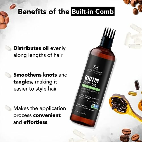 Biotin hair oil bottle with built-in comb and benefits.