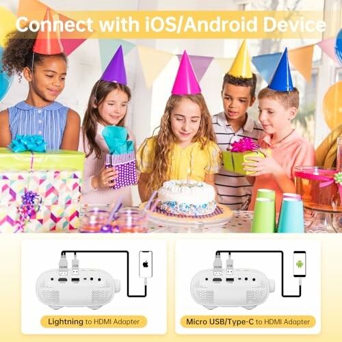 Children at a birthday party enjoying the ARTSEA Mini Portable Projector with a projector connection diagram