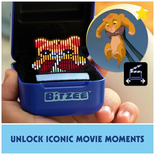 Bitzee toy displaying animated character in a blue case with 'Unlock Iconic Movie Moments' text.