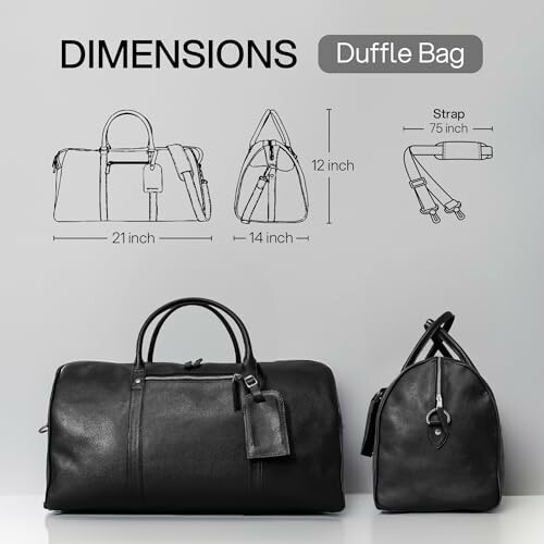 Black leather duffle bag with dimensions and strap illustration.