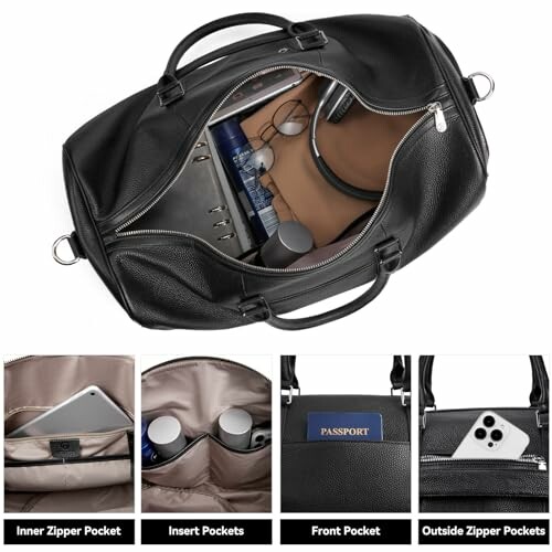 Open black leather travel bag with laptop, headphones, and organized pockets.