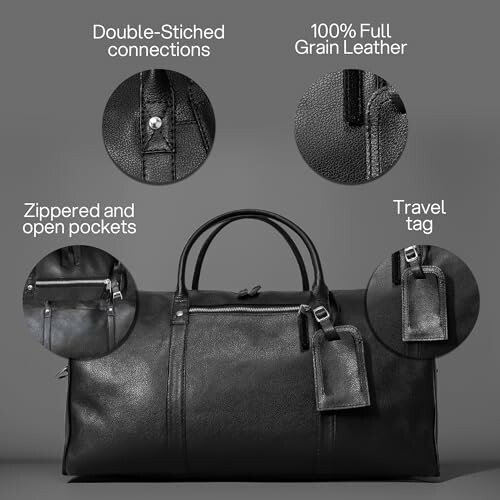 Black leather travel bag with double-stitched connections, full grain leather, zippered pockets, and travel tag.