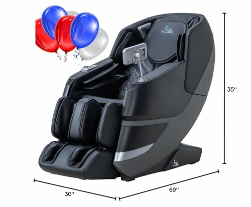 Black massage chair with dimensions and balloons.