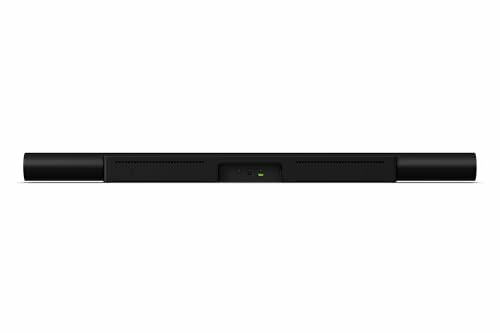 Black soundbar in front view with minimal design