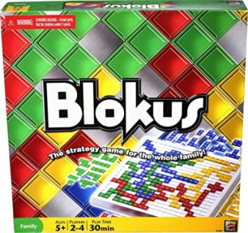 Blokus board game box cover with colorful grid and pieces.