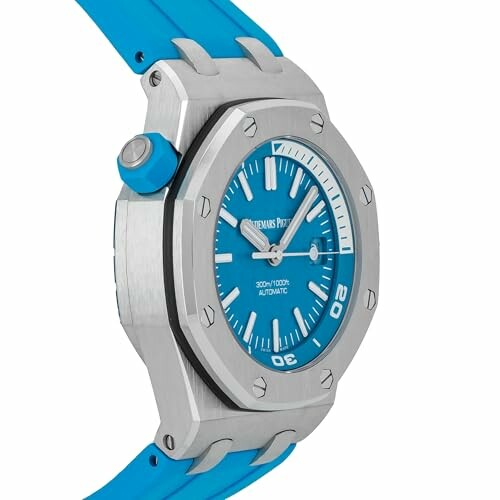 Luxury watch with blue dial and strap.