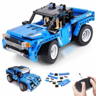 Blue remote control truck toy with building pieces and controller