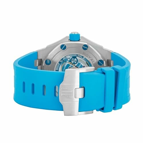 Back view of a watch with a blue strap