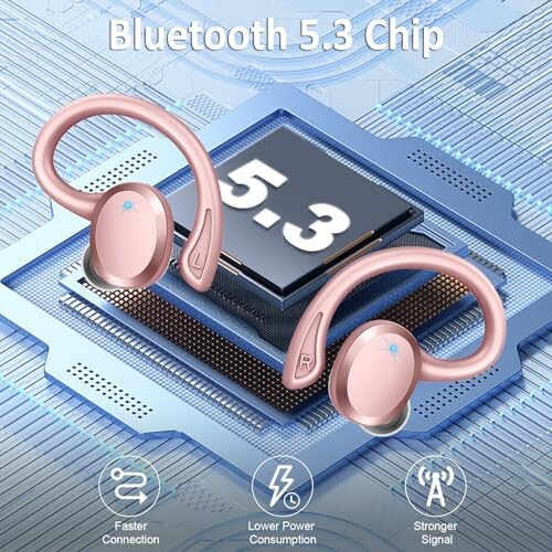 Bluetooth 5.3 chip with pink earbuds highlighting features like faster connection and lower power consumption.