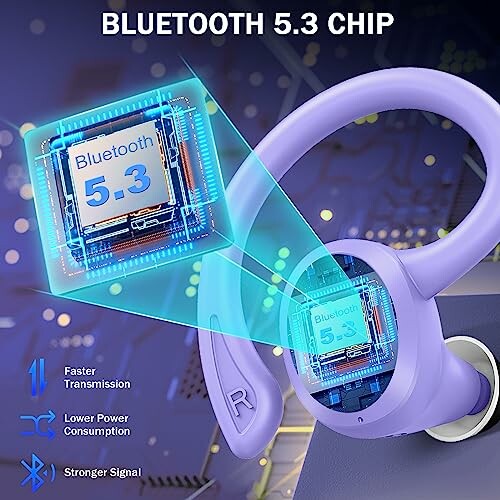 Bluetooth 5.3 chip with earbud, highlighting features like faster transmission, lower power consumption, and stronger signal.