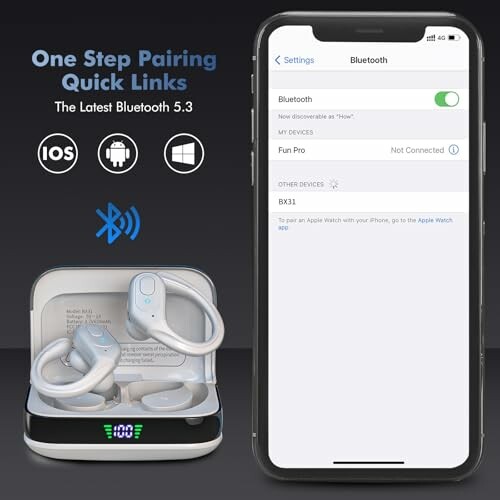 Bluetooth earbuds pairing with smartphone displaying Bluetooth settings.