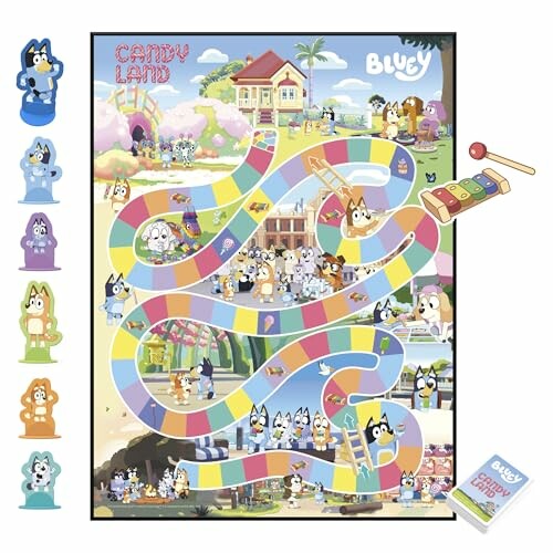 Bluey-themed Candy Land board game with colorful path and character pieces.