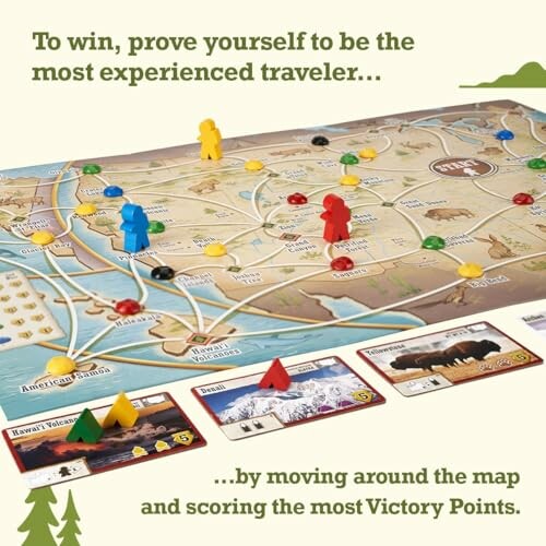 Board game with travel map and player pieces.