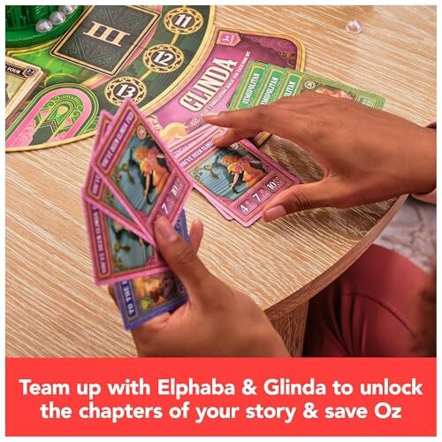 Hands holding cards in a Wizard of Oz board game.