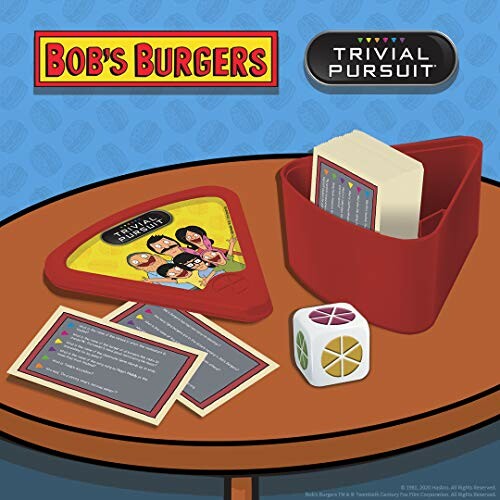 Bob's Burgers themed Trivial Pursuit game with cards and die on a table.