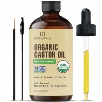 Botanic Hearth Organic Castor Oil with applicators for hair, eyelashes, and eyebrows.